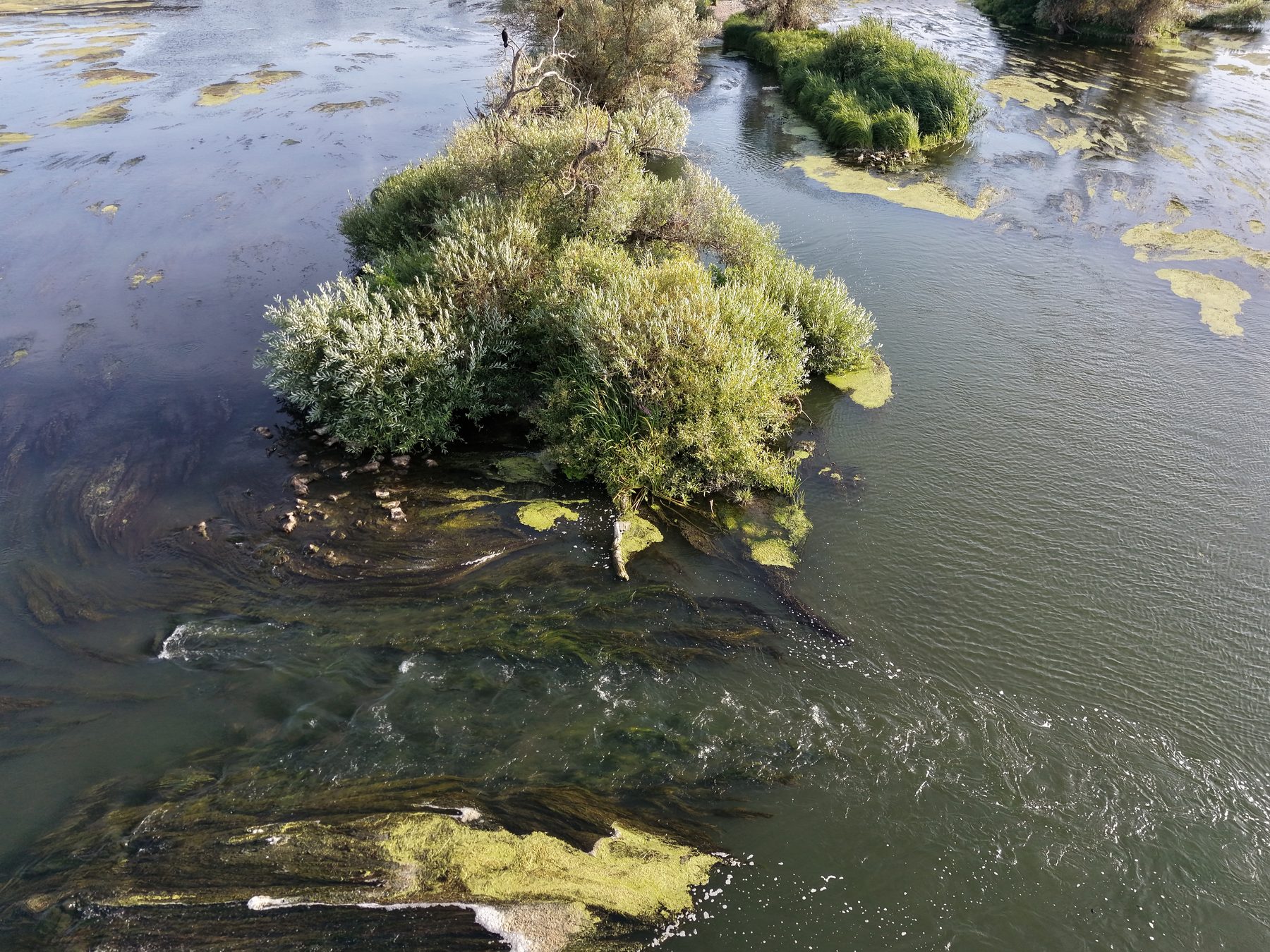 Drone aerial view of a winding river bordered by fields and trees
