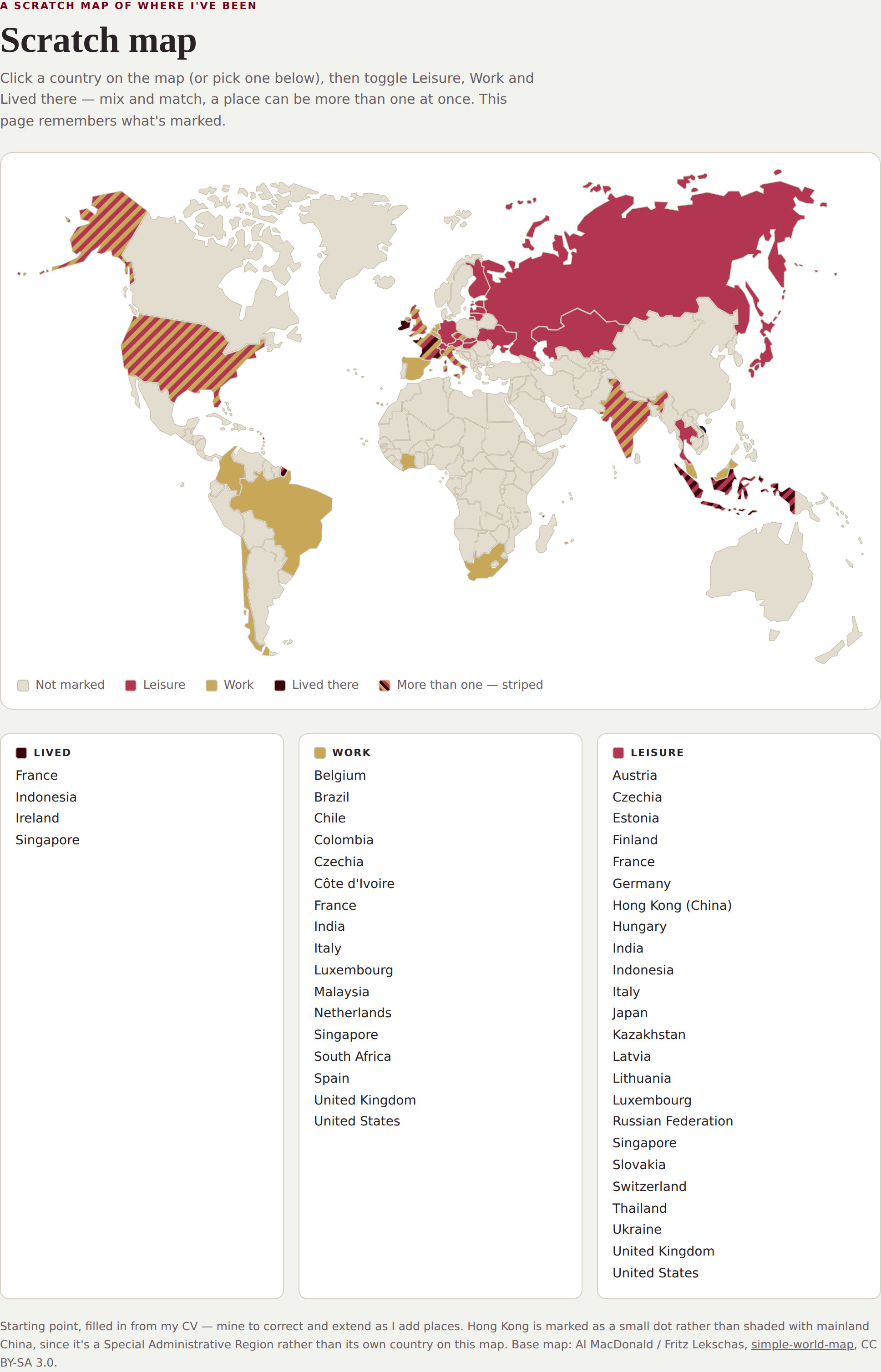 World map with countries shaded garnet, gold, or dark maroon to show places visited for leisure, for work, or lived in, with a legend and three lists of countries