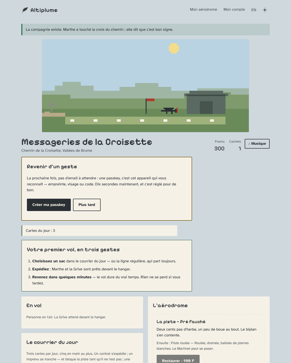 Altiplume aerodrome screen on a PC: the pixel scene, the hand of cards and the pilots in two columns