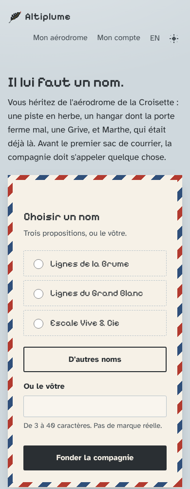 Altiplume sign-up form on a phone: email, nickname, age and terms checkboxes