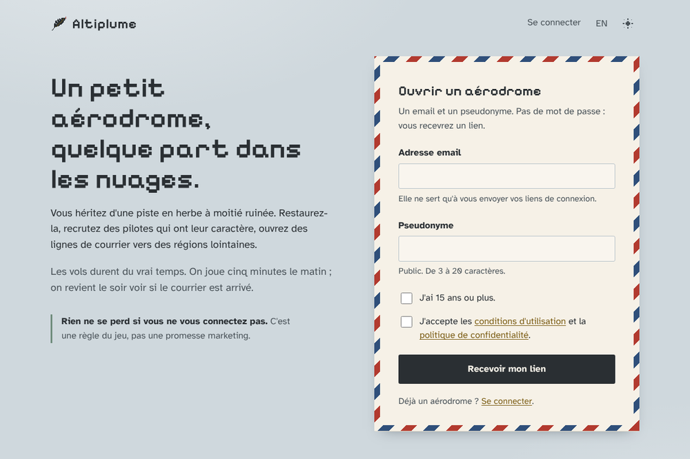 Altiplume home page in day mode: a pixel-art aerodrome, a short pitch and the sign-up envelope