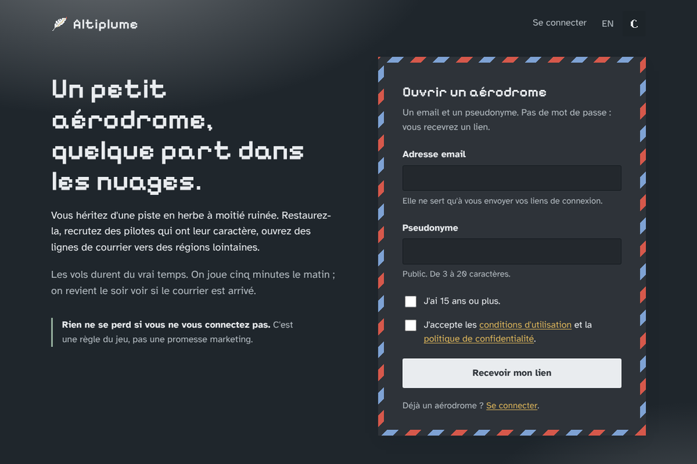 Altiplume home page in night mode: pixel-art aerodrome under a dark sky