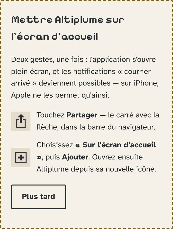 Altiplume card on an iPhone explaining how to add the game to the home screen in two taps