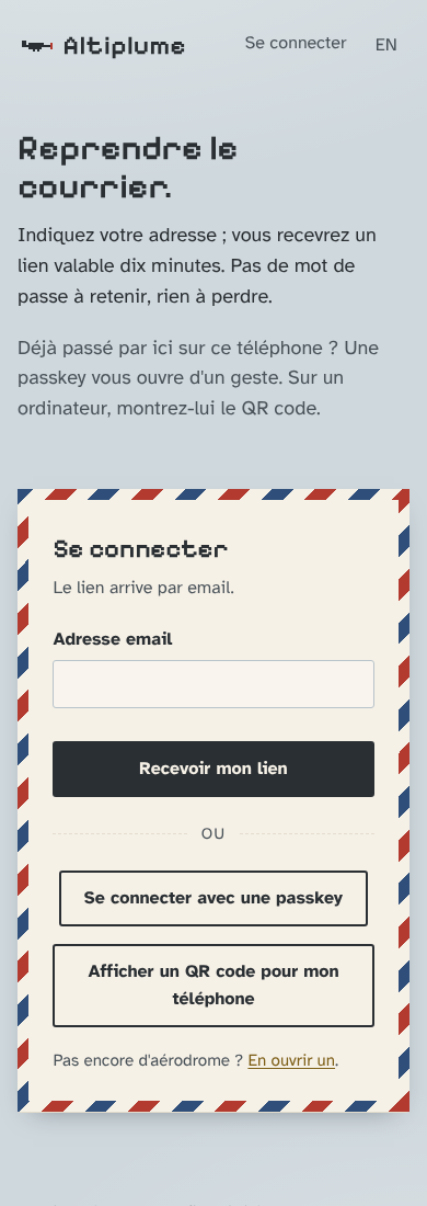 Altiplume login page on a phone: email field, passkey button and QR option