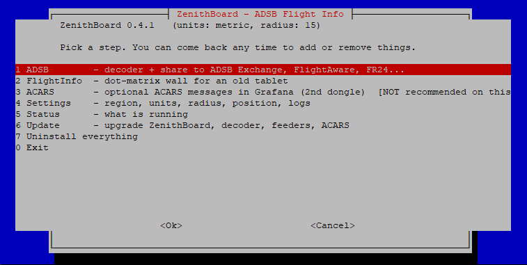 The ZenithBoard installer main menu on the Raspberry Pi: ADSB, FlightInfo, ACARS, Settings, Status, Update, Uninstall