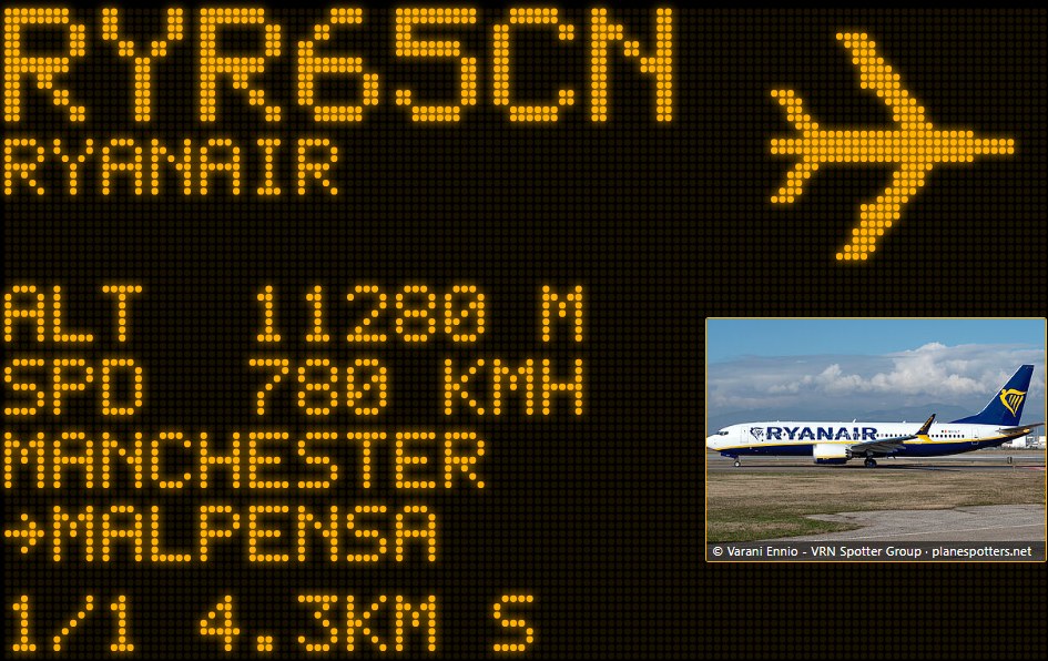 ZenithBoard wall in amber: Ryanair RYR65CN from Manchester to Milan Malpensa with its aircraft photo