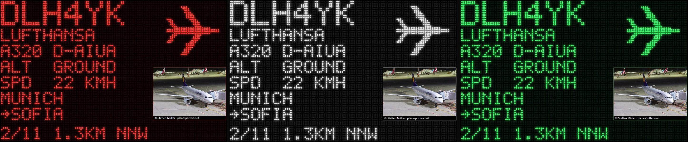 The ZenithBoard dot-matrix wall showing Lufthansa DLH4YK, Munich to Sofia, in red, white and green