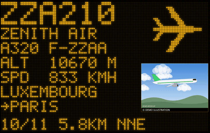 Animated ZenithBoard wall in green cycling through aircraft with callsign, airline, altitude, speed and route